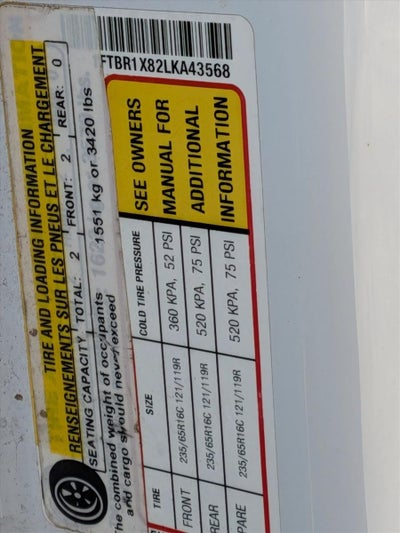 2020 Ford Transit Cargo Van T-250 148" Hi Rf 9070 GVWR RWD