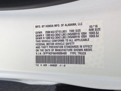 2017 Honda Ridgeline RTL-T 4x2 Crew Cab 5.3' Bed