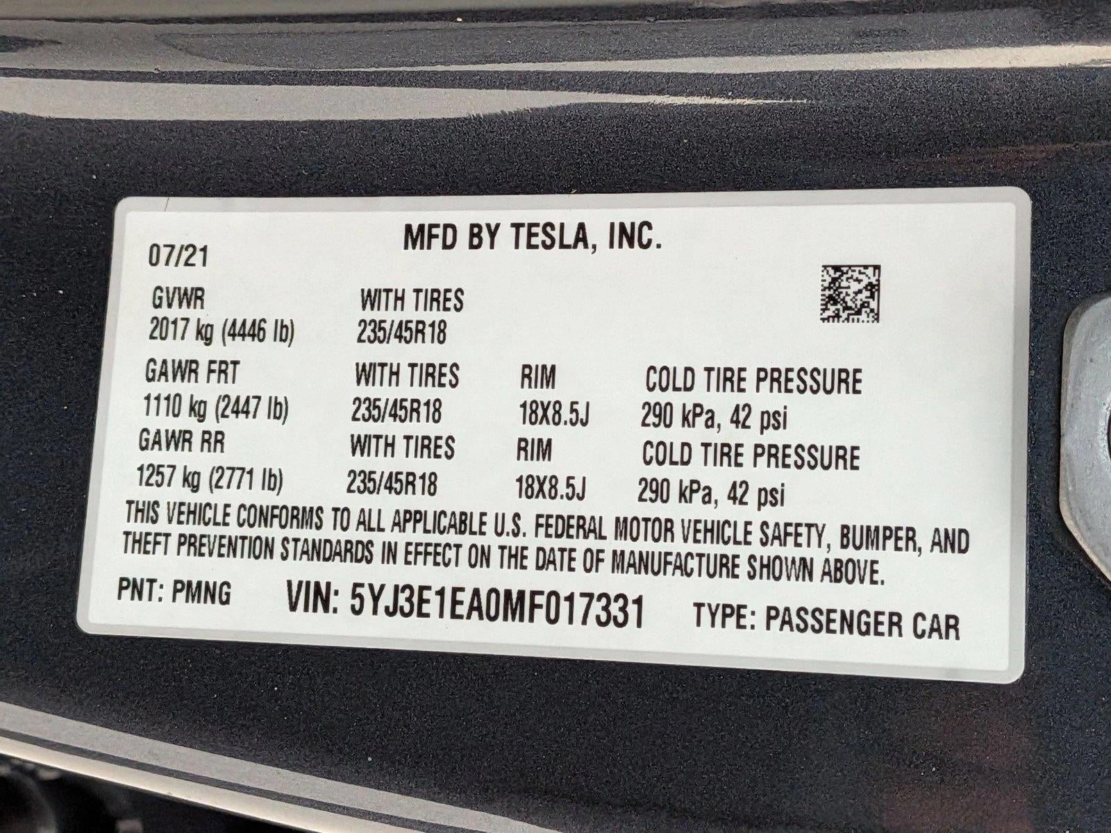 2021 Tesla Model 3 Standard Range Plus RWD